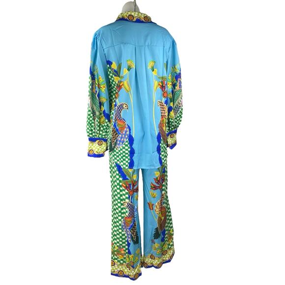 Women's Multicolor Floral Checkered Satin Button Down Shirt & Wde Leg Pants M - Picture 2 of 7